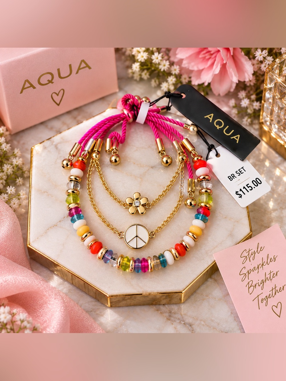 AQUA Pink Multicolor Beaded Flower & Peace Sign Charmed Bracelet Gold Tone NWT